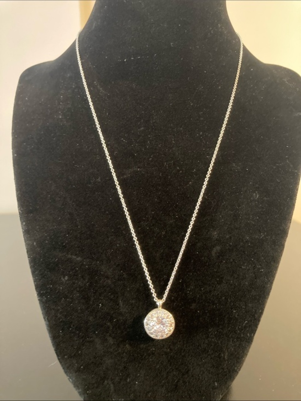 Clear Crystal Round Pendant Necklace - Silver Tone